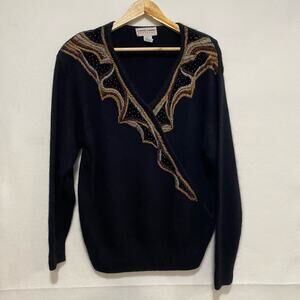 Vintage Carol Metallic Beaded Faux Wrap Silk Angora Lambswool Blend Sweater Sz L